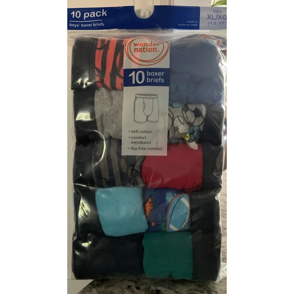XL 14-16, 10 Pack Boxer Briefs‎ New Tag Free Cotton Comfort Waist Wonder Nation